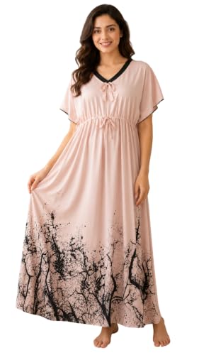 Image of Noty Women's Kaftan Nighty | Digital Print | Sarena Fabric | V Shaped Neck Nightwear | Nightdress for Girl