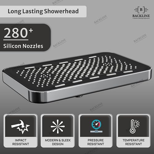Image of Backline High Pressure Rainfall Rectangular Shower Head 35 cm x 21.5 cm | 360 Rotatable Rain Spray Overhead Shower | bathroom shower Without Arm for Wall & Ceiling Mounted Shower (Chrome Finish)