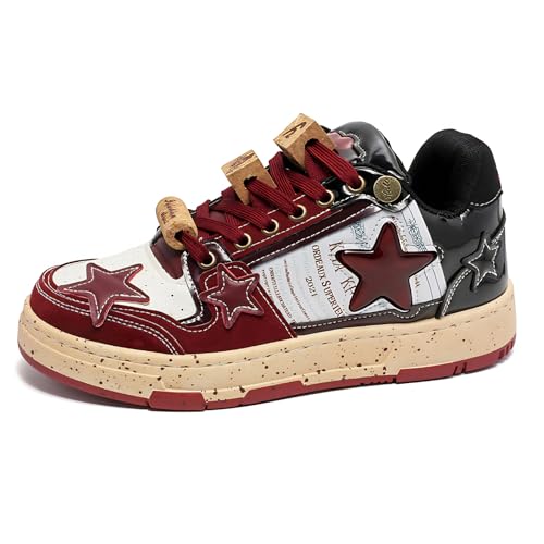 Burgundy Star Print Fashion Chunky Sneakers for Women Trendy Casual Aesthetic Skateboard Walking Dance Shoes