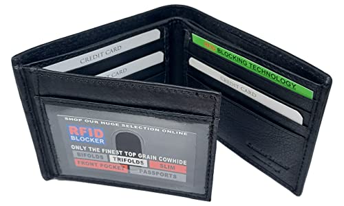 Men's, RFID Protected, Genuine Leather BiFold Wallet With 2 ID Windows On Fold Out (Black)2