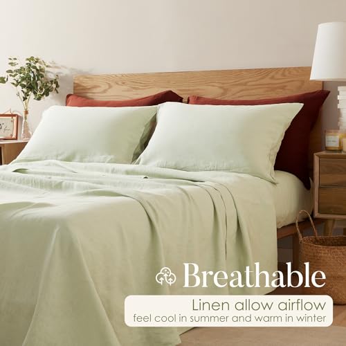 DAPU Pure Linen Sheets Set, 100% French Linen from Normandy, Breathable and Durable for Hot Sleepers, 4 Pcs Set - 1 Flat Sheet, 1 Fitted Sheet, 2 Pillowcases (Sage Green, King)