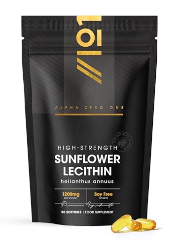 Sunflower Lecithin 1200mg Produced from Naturally Sourced Soy Free Sunflower Oil 90 Softgels (3 Months Supply) Pure & Potent Helianthus Annuus - Resealable and Recyclable Pouch by Alpha01