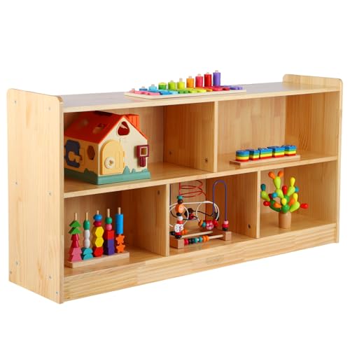 Montessori Shelf, 47-1/4″ L Toy Shelf, Toy Storage Organizer with 2-Layer Bookshelf, 5-Section Wooden Storage Cabinet, Bookshelf for Kids Rooms, Playroom, School, Nursery