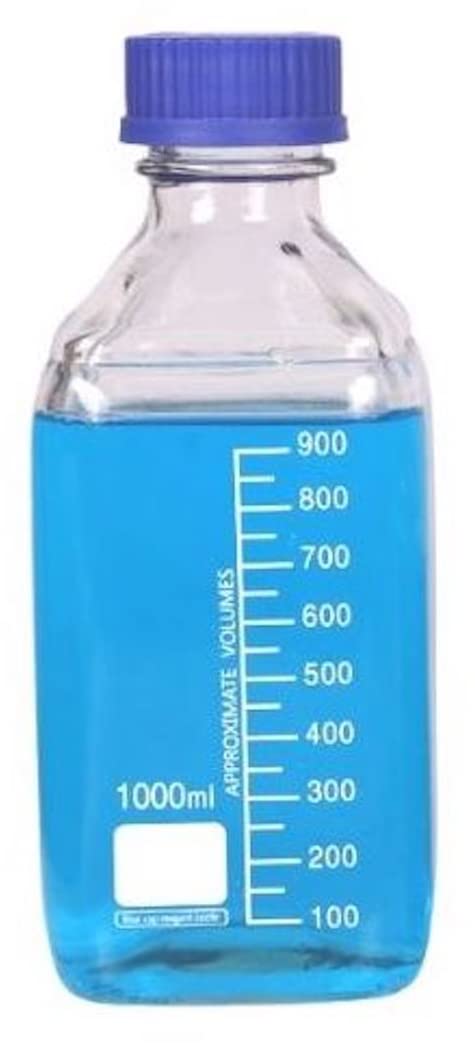 Lab Media Storage - Botellas cuadradas de vidrio graduado GL45, tapa de rosca a prueba de fugas, multiusos para científicos, paquete de 4 (azul, 1000 ml)
