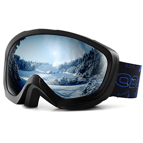 Odoland Skibrille Kinder Snowboardbrille für brillenträger Helmkompatible mit UV-Schutz und OTG Anti-Beschlage für Jungen und Mädchen zum Skifahren und Bergsteigen Schwarz /Silber VLT 10% Cover