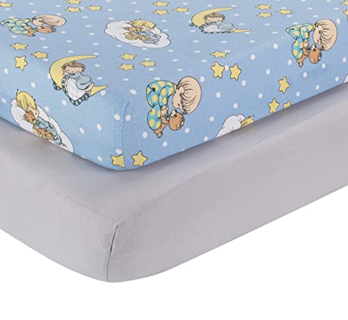 2 Pack Fitted Crib Sheets for Boys in 100% Jersey Knit Cotton â€“ Blue and Yellow Precious Moments Design Plus Solid Gray Boyâ€™s Crib Mattress Sheets by Everyday Kids