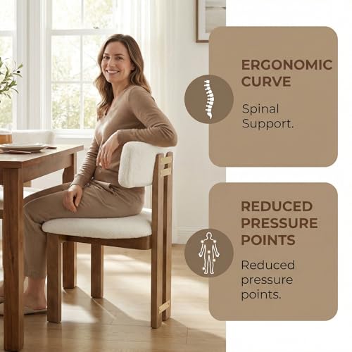 Image of HNY Modern Farmhouse Boucle Dining Chairs Set of 4, White Sherpa Fabric Upholstered Dining Room Kitchen Chairs with Natural Wood Frame & Curved-Back, Armless Accent Wood Chairs for Dining Living Room