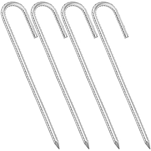 16" Steel Ground Stakes J Hooks, Heavy Duty Galvanized Steel Ground Anchors, Rebar Stakes for Marquees Gazebos, Castles, Tents, Trampolines, Bouncy, Camping, Football Nets ( 4 Pack ) Cover