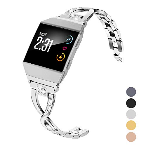 Wearlizer Silver Bling Band Compatible with Fitbit Ionic Bands Women, Metal Bling Replacement Band Bracelet with Diamond Rhinestones X-Link Compatible Fitbit Ionic Small Large Silver