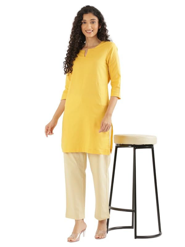 Image of SAADAA Airy Linen Mid Thigh Length Kurta for Women | Stylish Split Neck, 3 /4 Sleeves & Side Pockets | Comfortable Everyday Wear Kurta | Breathable Fabric |