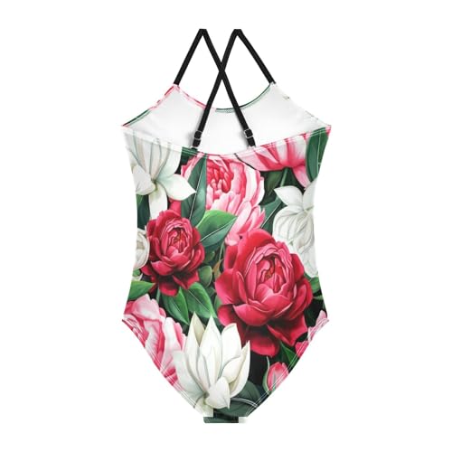 Girls Swimming Suits 3-10 Y Beach Bathing Suits Girls, White Red Pink Peonies2