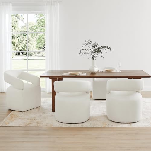 Image of KISLOT Upholstered Dining Chairs Set of 4, Modern Rolling Dining Chairs with Hidden Casters, Arm Kitchen Chairs with Linen Look Fabric, Padded Barrel Chairs for Dining Room, Kitchen, Bedroom, Ivory