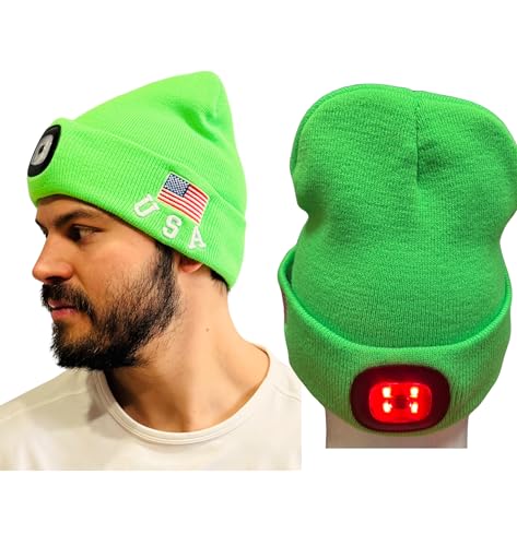 High Visibility Neon Green 2 LED Beanie Hat – Rechargeable White Front & Red Rear Lights – USA Flag Safety Cap – Acrylic Winter Headlamp Hat