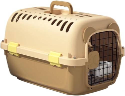 ペットキャリー 犬 クレート 猫 ハードキャリー 持ち運び ハードクレート 中型犬 小型犬 取っ手付き 動物用 車 外出 旅行用 避難 防災 (ベージュ,51*35*31)