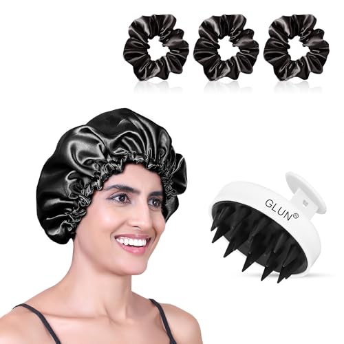 Image of GLUN Anti-Dandruff Round White Scalp Massager with Elastic Closing Zed Black Hair Bonnet Cap with 3 Satin Scrunchies Combo, Treatment Accessories for Hairs