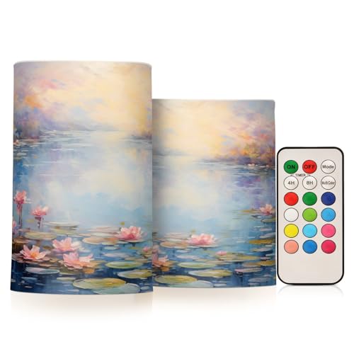 ALAZA Oil Painting Lotus Flickering Flameless Candles Battery Operated with Remote Timer,Tea Light Candles LED Pillar Votive Candles Set of 2 for Outdoor Indoor Decorations
