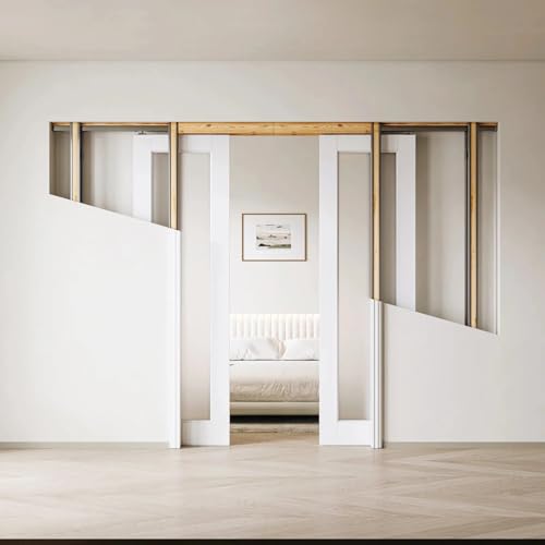 Image of Frosted Glass 1-Lite Sliding Pocket Doors White Standard Door with Hardware Kit Set,72 inchx80 inch