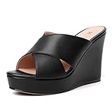 MODENCOCO Women's Wedge Platform High Heel Slip On 4 Inch Open Toe Casual Matte Fashion Heeled Dressy Sandals Black Size 9.5 - Zapatos de Tacon para Niñas