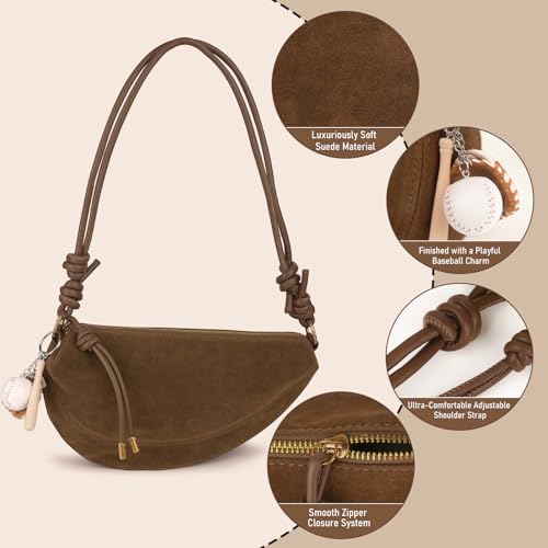 Image of Small Suede Dumpling Crossbody Bag for Women, Hobo Shoulder Purse with Cute Baseball Charms & Adjustable Strap