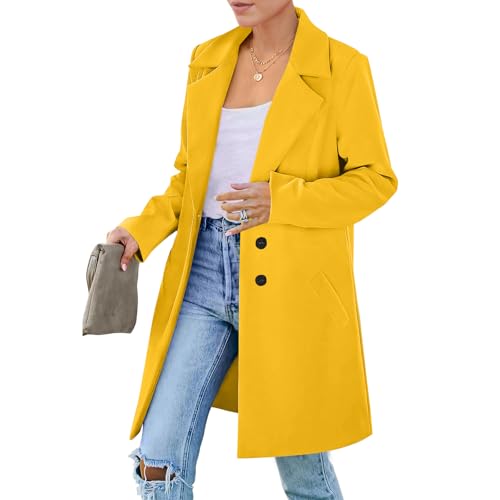 Image of OIOLOYJM Long Fall Winter Wool Coats for Women 2025 Notched Lapel Collar Double Breasted Peacoat Trench Coat Jackets Overcoat Yellow S