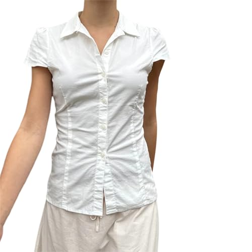 Image of Y2k Girls Vintage Coquette Button Down Shirt Women Short Sleeve V-Neck Slim Fitted T-Shirt Cute Blouse Crop Top