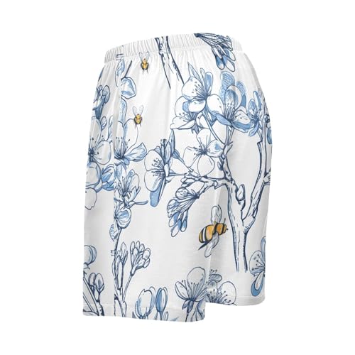 Honeybee Cherry Blossom White Pajama Shorts for Men Lounge Pants Athletic Shorts Men'S Pajama Shorts with Pockets, S-XXL3