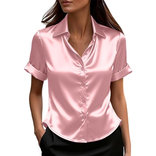 Chemisier Femme Satin Blouse Femme Chic Et Élégant Revers Boutonné Shirts Tops Manches Courtes Casual Chemise Soie Mode Décontracté Tee Shirt en Satin...