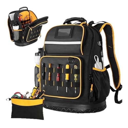 Fafeicy Heavy Duty Tool Backpack Multiple Pockets Padded Laptop Sleeve Oxford Fabric Hard Bottom Bag with Tool Pouch