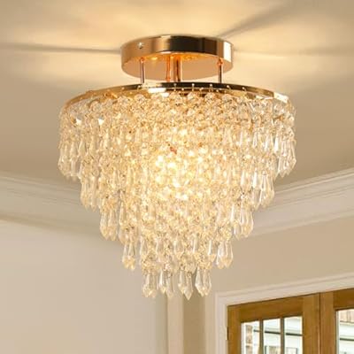 FRIXCHUR 11.8" Crystal Chandelier Gold Crystal Flush Mount Ceiling Light 5 Tiers Raindrops Crystal Pendant Lighting Fixture for Bedroom Hallway Living Room E26 Base