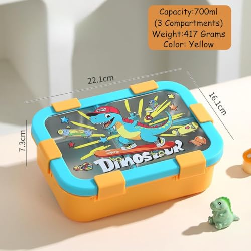 Image of 700ml Kids Lunch Box with 3 Compartments - Space Astronaut Design Leakproof Tiffin Box - BPA Free Food Storage Container with Secure Clip Locks for School, Travel & Picnic - Yellow