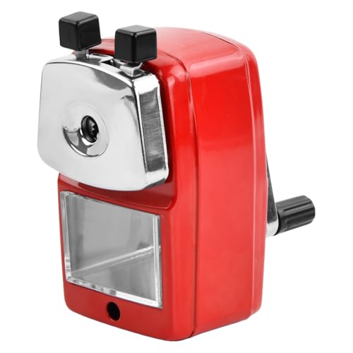 Anspitzer Metall mit Kurbel, Manuelle Spitzmaschine, Bleistiftspitzer mit Behälter, Kurbelanspitzer für Schreibtisch, Bleistift, Kinder, Schule, Büro (Rot)