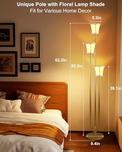Image of Lightdot 63IN Gold Floor Lamp 3-Lights LED Floor Lamps with 3000K Soft Warm White for Wedding /Party, U-Pole with Fabric Lampshade Modern Tall Lamp for Living Room /Bedroom (Bulbs Included)