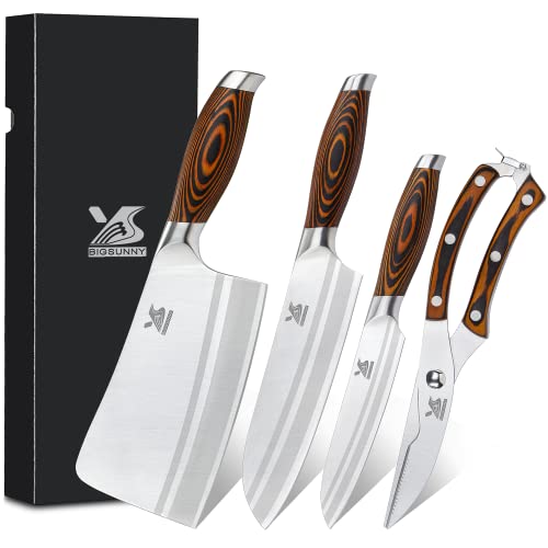 Msy Bigsunny 4 Pieces Kitchen Knife Set 7"Chopper 7"Santoku Knife 5"Utility And Kitchen Shears For Easy Fast Cutting & Slicing Multipurpose, German Steel - X50Crmov15 #TOP7