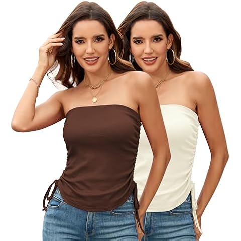 TAIPOVE Tube Tops for Women Ribbed Cotton Bandeau Shirt Summer Side Drawstring Ruched Strapless Trendy Cute Camisole Cream White Brown L Cover