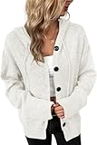 ROMRUM Women's Hoodies Cardigan Button Down Long Sleeve V Neck Ribbed Knit Drawstring Hooded Sweater Sweatshirt Outwear(Small, White)