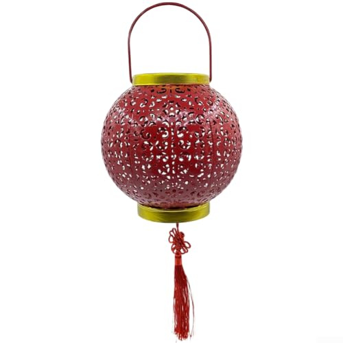 Image of Outdoor Solar for Red Lantern, Iron Hanging Garden Light with LED for Courtyard Yard Art, Waterproof Chinese Style Festive Decor(Solar Energy)