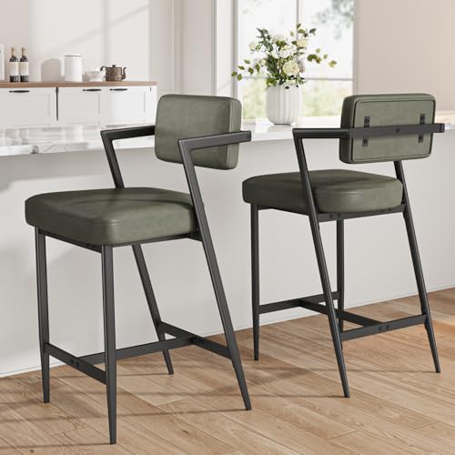 Butacos de bar GarveeHome, juego de 4 con reposabrazos, respaldo y reposapiés, asiento acolchado grueso y patas metálicas reforzadas, altura para barra, color verde retro miniatura 3