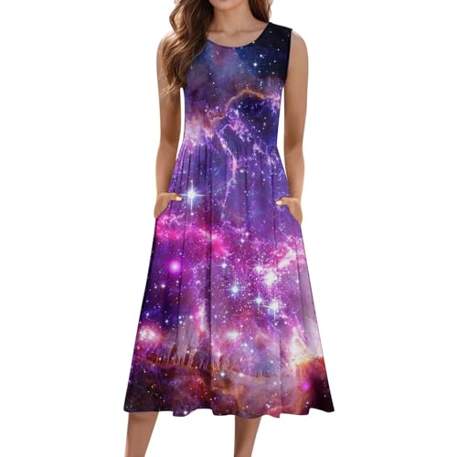 Generisch Vestido de mujer casual sin mangas con estampado de cielo estrellado y bolsillo, Rosa claro., L