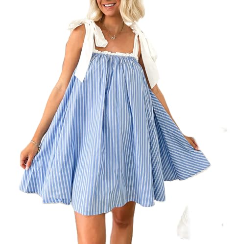 Image of Women Boho Floral Short Dress Tie Shoulder Sleeveless Dress Flowy Babydoll Mini Dresses Summer Holiday Sundress