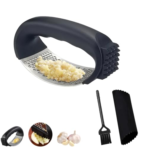 LEERMEIZI Prensa de ajo, Picadora de Ajo, Picador de Ajos Manual, Prensa Ajos, Picadora de Ajos de acero inoxidable, con pelador y cepillo de limpieza, Ideal para la cocina (1 Pcs)