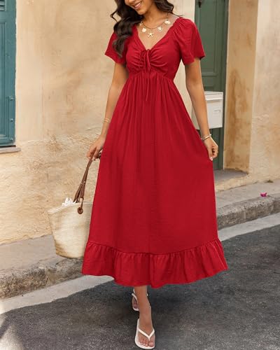 Image of BTFBM Womens Summer Dresses 2026 Casual Short Sleeve V Neck Drawstring Wedding Guest Maxi Dresses Boho Beach Long Dress
