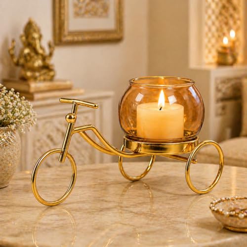 Image of CentraLit Decorative Metal Tricycle Candle Holder with Glass Bowl | Gold Tea Light Holder Stand, Vase for Home Decor, Decorative Plant Pot for Living Room, Aesthetic Home Decor Item & Return Gift