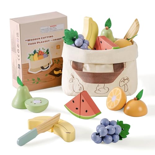 ROBOTIME Holz-Obst-Schneideset für Kinder - Realistisches Obstschneideset mit Holz-Banane, Birne, Wassermelone, Trauben & Zubehör, Montessori-Frühlernspielzeug