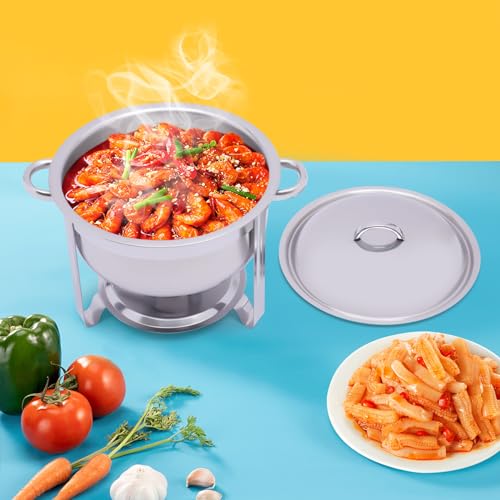 HuKaiL 5L Edelstahl Warmhaltebehälter, Rund Speisewärmer Chafing Dish mit Ständer, Warmhaltegerät Buffetwärmer mit 10kg Tragfähigkeit für Cafeterias, Hotel, Schulkantinen, Bankette, 42 * 32cm, Silber – Bild 3