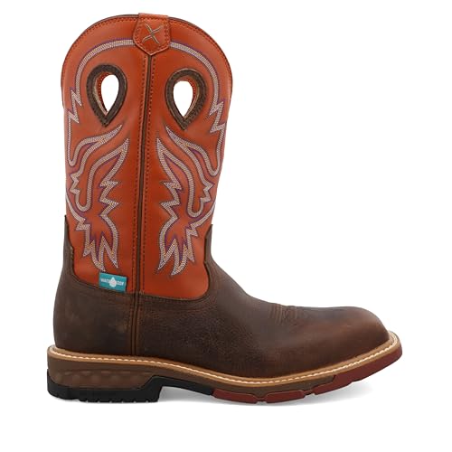 Twisted X Men's 12" Pull On Nano Composite Toe Waterproof Western Work Boot, Square Toe with CellStretch, Brown & Orange, 9.5 EE4
