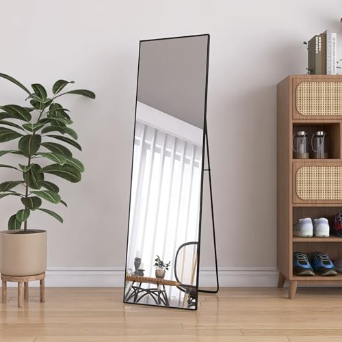 Espejo de longitud completa 140 x 40 cm, espejo de pie con marco simple, gran espejo de pared HD con gancho, reflejo de cristal HD transparente, irrompible y ligero (negro, 140 x 40 cm)