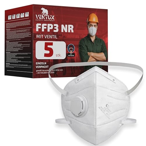 VENTUX SAFETY EQUIPMENT 5 Stück FFP3 Maske mit Ventil - CE Zertifiziert - Hochwertiger Atemschutz mit Hoher Filtration - Komfortabel und Ergonomisch - Ideal für Baustelle und Industrie