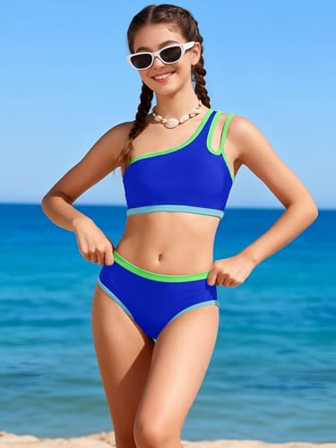 Image of Redair Girls Swimsuit Two Piece One Shoulder Bathing Suit with Chest Pad Color Block Bikini 7-16 Years