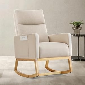 Aunekiv Schaukelstuhl Stillsessel Schaukelsessel, Gepolsterter Stillstuhl mit Holzbeinen & Seitentaschen, Hochlehner Stillen Sessel für Wohnzimmer, Schlafzimmer, Babyzimmer