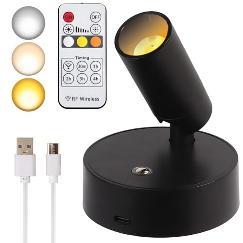 Foco LED inalámbrico, recargable para iluminación de piso en interiores, funciona con pilas, con temporizador remoto y luces de foco de acento regulables, se pegan en la pared...